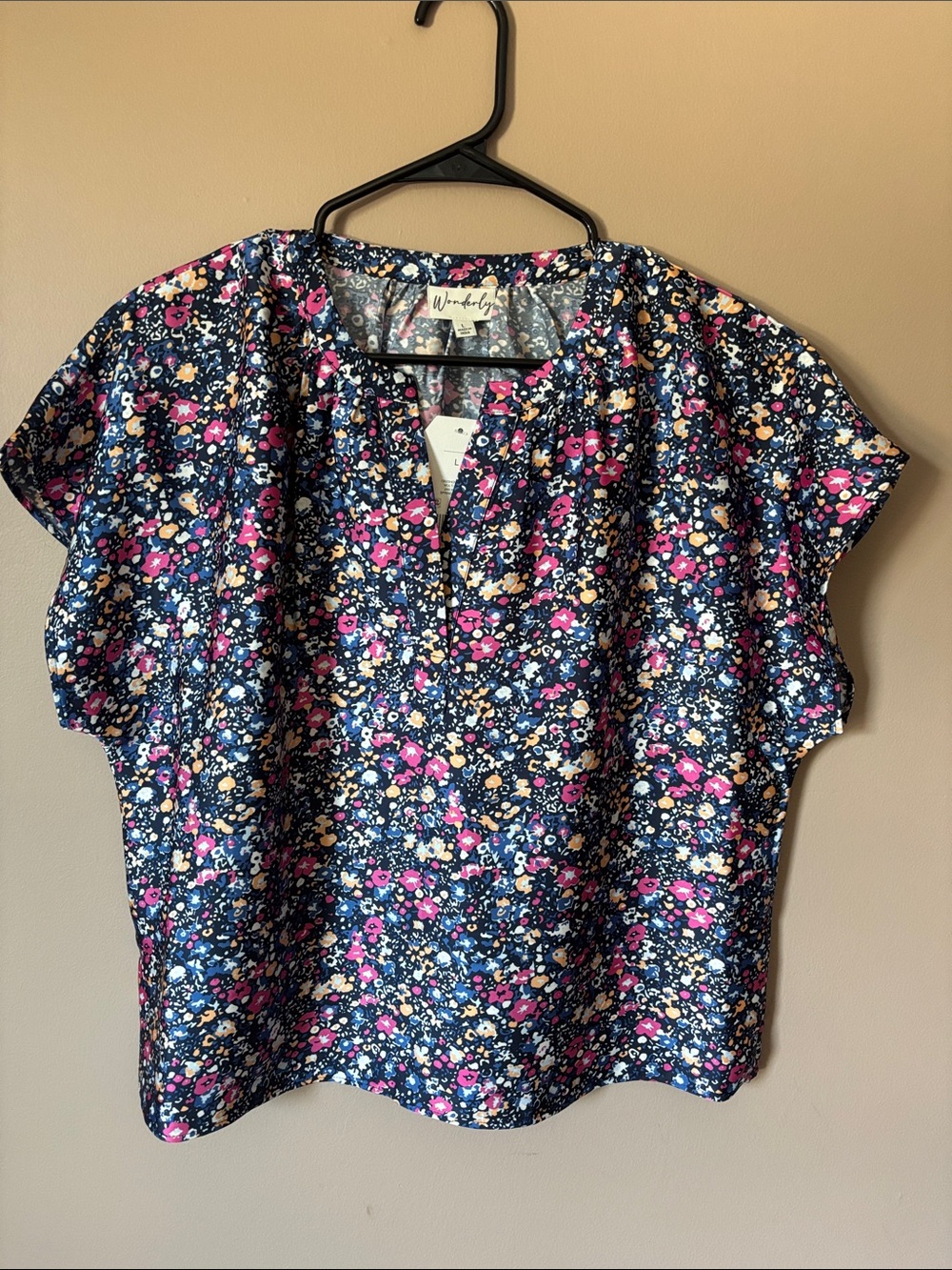 Wonderly Navy Floral Split Neck Top with Pink and Cream Accents